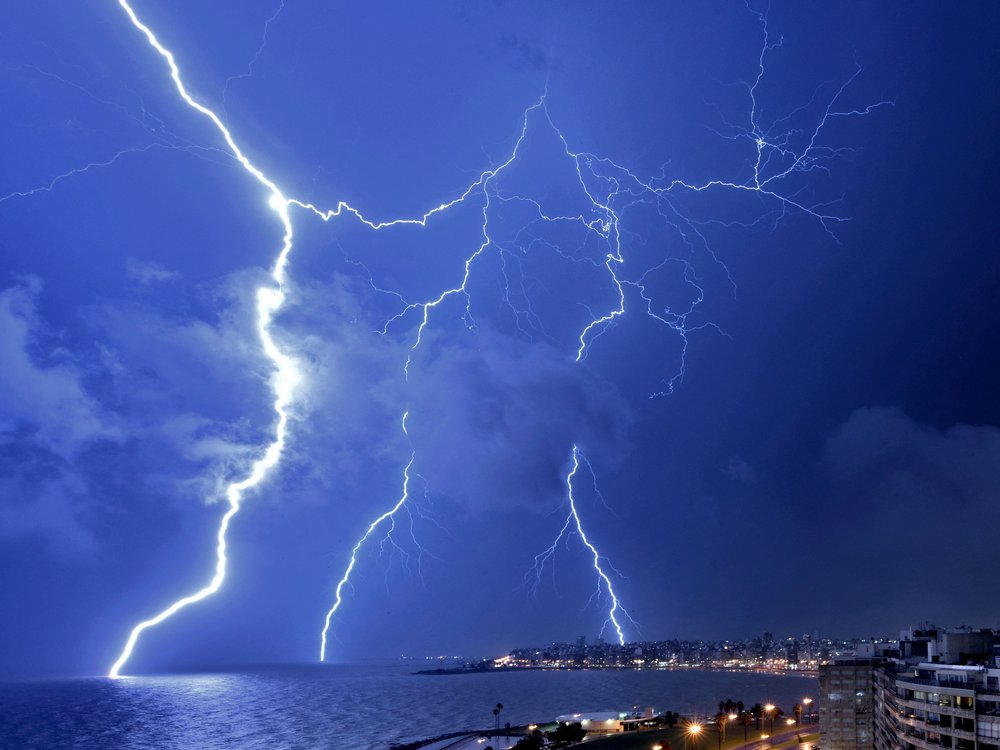 Lightning strikes in the night sky above Montevideo, Uruguay