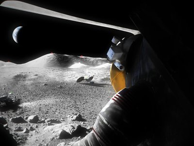An illustration of a suited astronaut looking out of a Moon lander hatch across the lunar surface.